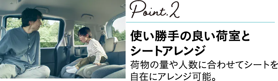 POINT2 使い勝手の良い荷室とシートアレンジ 荷物の量や人数に合わせてシートを自在にアレンジ可能。