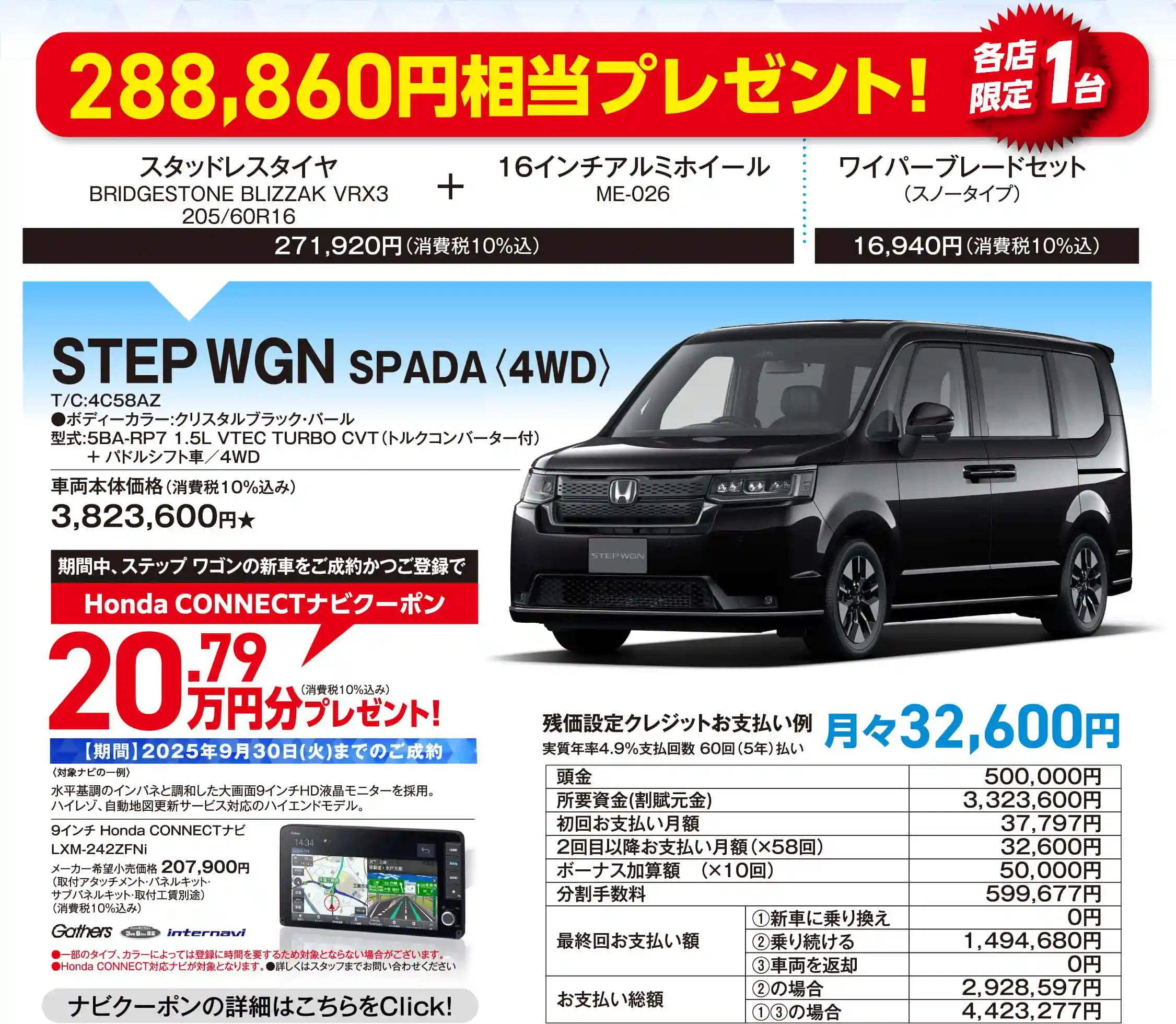 288,860円相当プレゼント！STEP WGN SPADA（4WD）。ナビクーポンの詳細はこちらをクリック